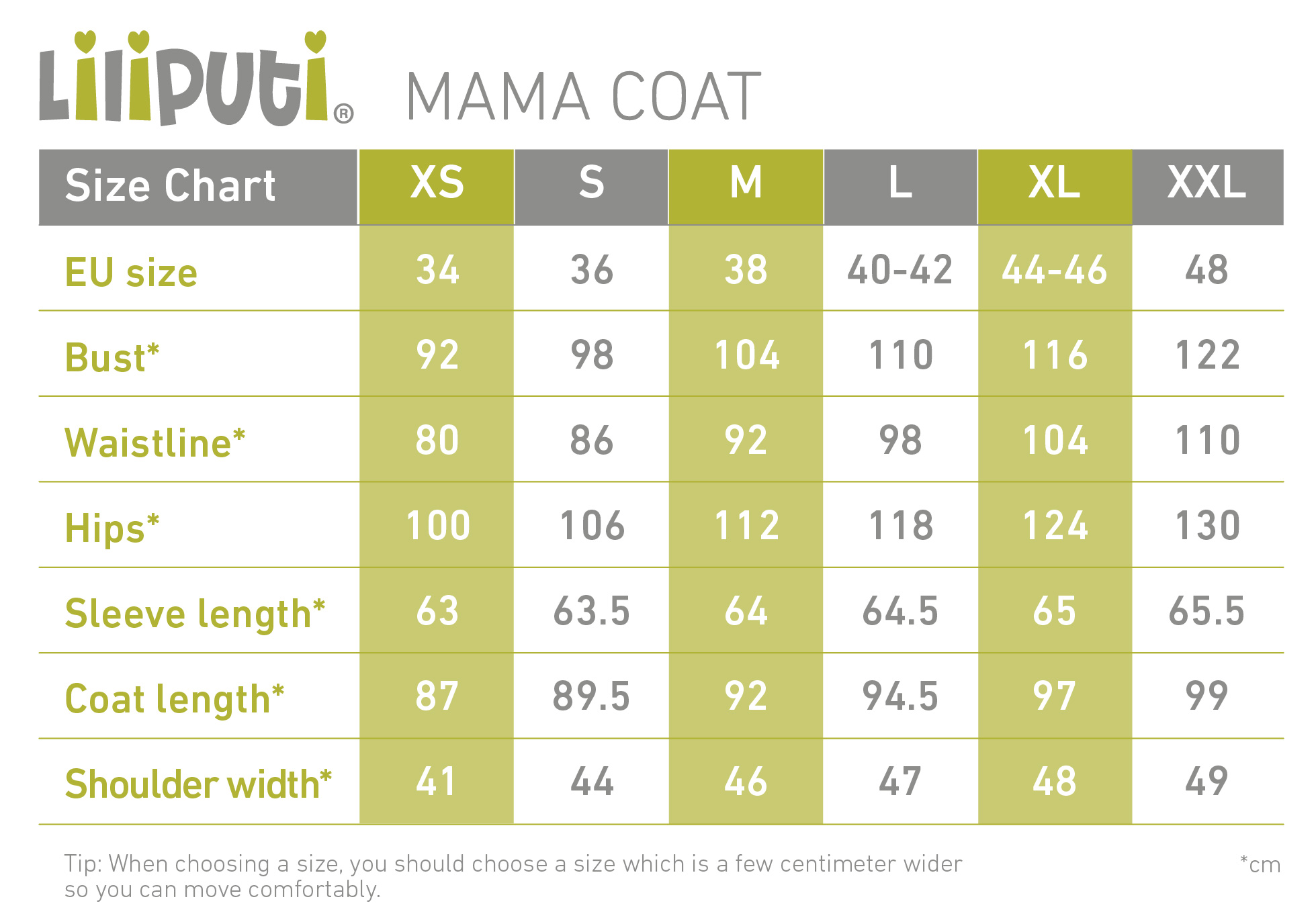 Liliputi Babywearing Mama Coat - Size Chart