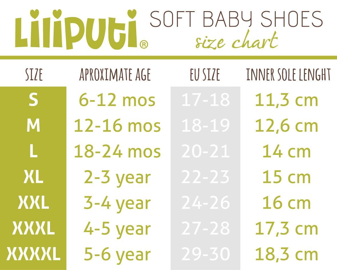 Liliputi soft baby shoes size chart